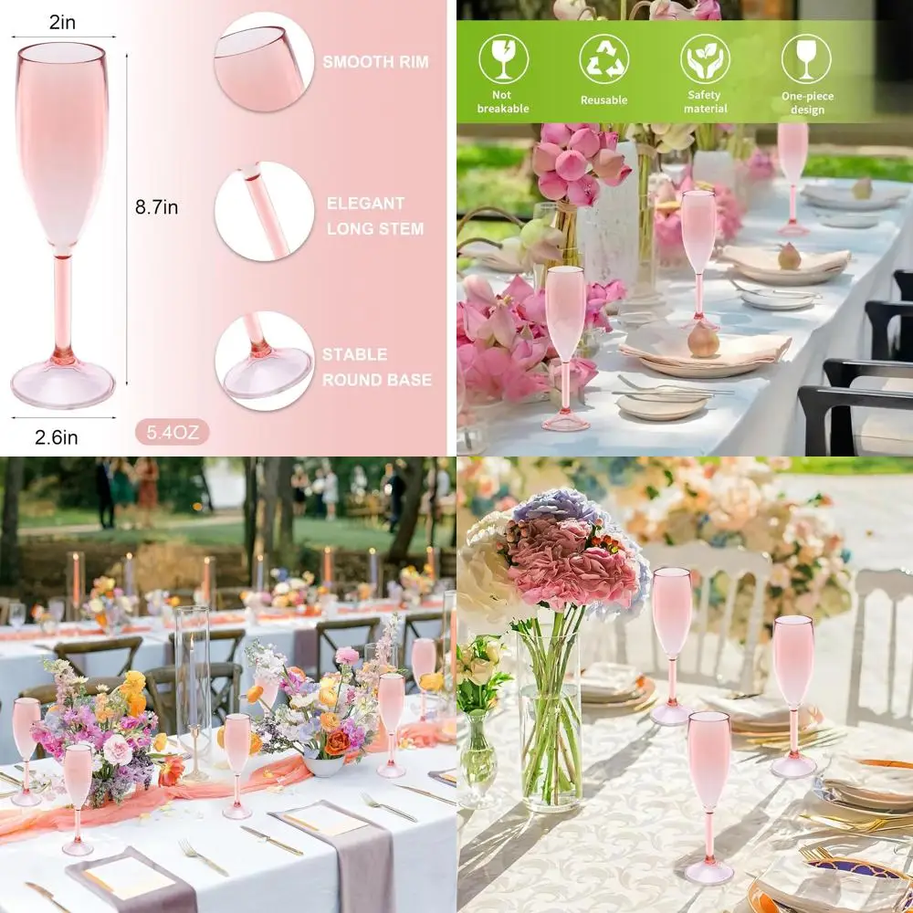 

Set of 48 Clear Pink Plastic Champagne Flutes - 5.4oz Stemmed Cups for Weddings, Parties, and Celebrations
