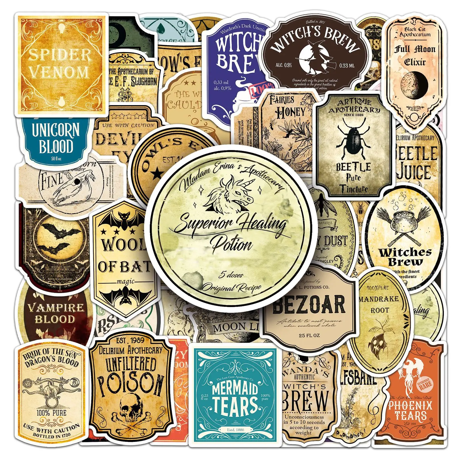 

50PCS Magic Potion Label Graffiti Sticker Retro Personality Decoration Scooter Motorcycle Helmet Desk Water Cup Guitar Decal