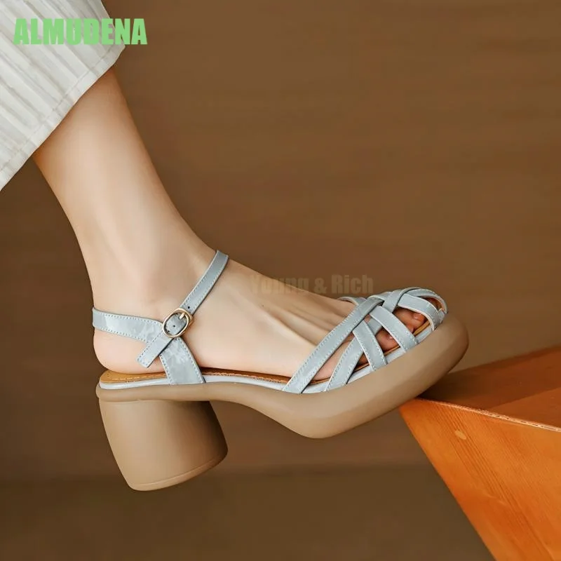 Ankle Strap Heel Sandals Shiny Patent Leather Woven Cage Round Metal Ring Buckle Chunky Platform Block Heel Beach Casual Shoes