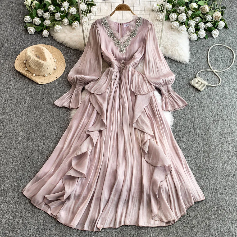 

Gentle Flared Sleeve Diamond Studded V-neck Dress Elegant Ruffle Big Swing A-Line Chiffon Dresses Women Formal Party Dress