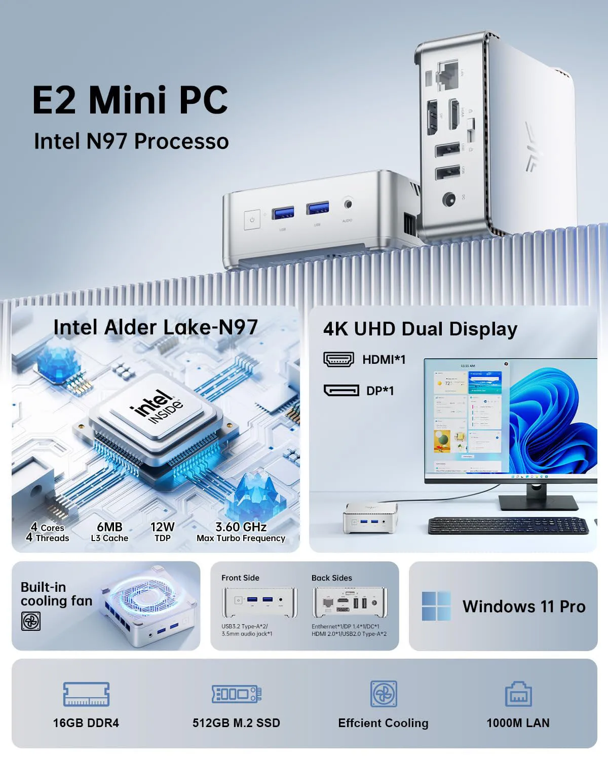 ACEMAGIC Mini PC E2 Mini Computer Alder Lake-N97 16GB DDR4 GB M.2 SSD Windows 11 Pro Micro Computer desktop Mini PC