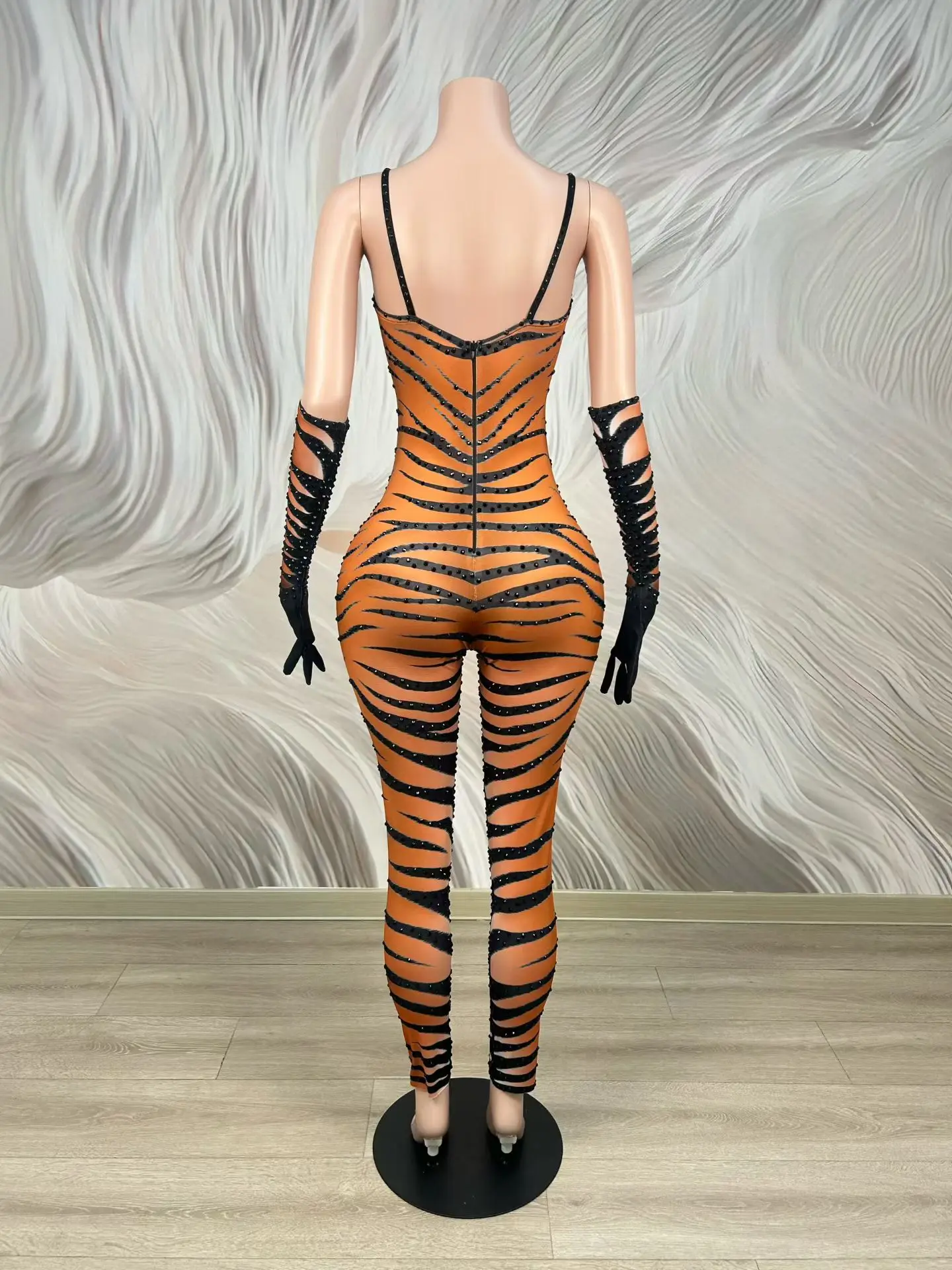 

Сексуальный комбинезон Hupi с тигровым принтом и подтяжками, модный женский облегающий комбинезон для вечеринок с перчатками, наряд для выступлений в баре/на сцене