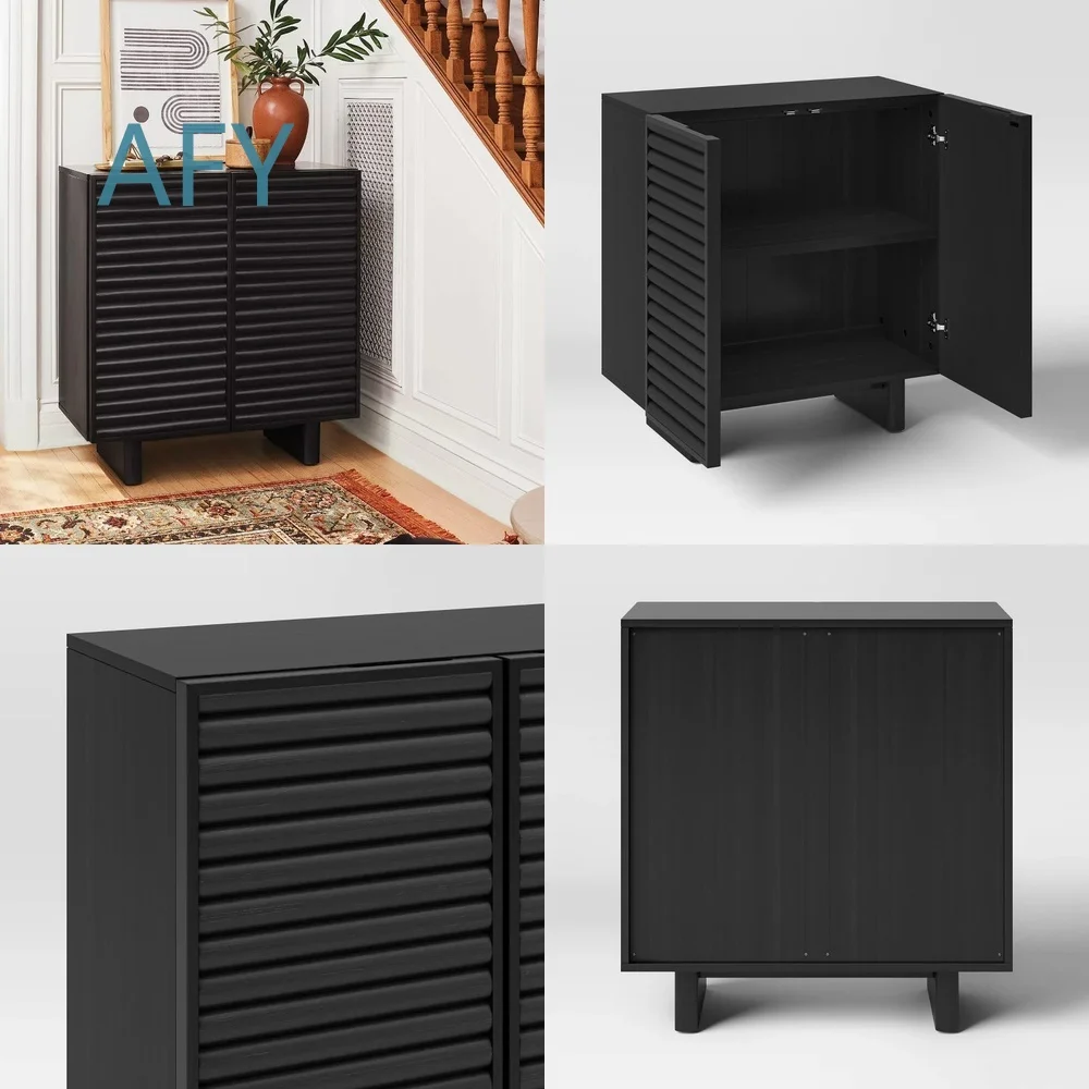 Custom Double Door Groove Black Living Room Cabinet for Dining Side Storage Locker Cabin Furniture for Home Office Decor