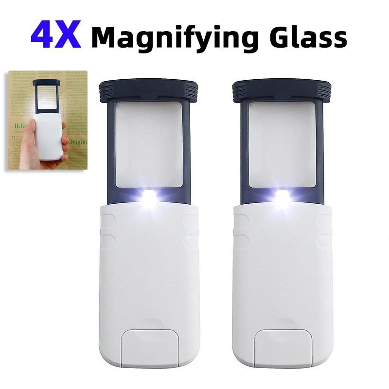 Pocket Foldable Magnifier 4X Pull-Out Magnifying Glass Illuminated Magnifiers With LED Light for Reading Jeweler Identification