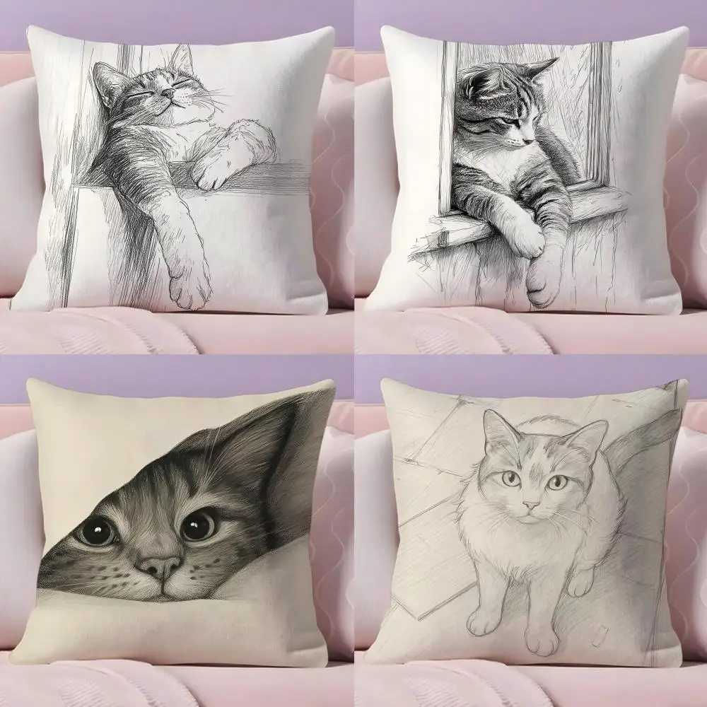 Cat Sketch Cushion Cover Short Plush Double Sided Printing Home Machine Washable Warm Winter Pillow Cover