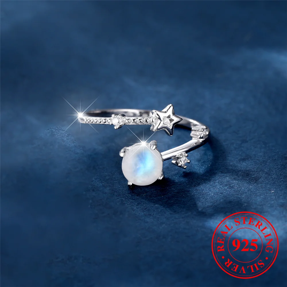 Cute Female Natural Moon Stone Round Star Adjustable Ring Vintage Real 925 Sterling Silver Wedding Open Jewelry For Women