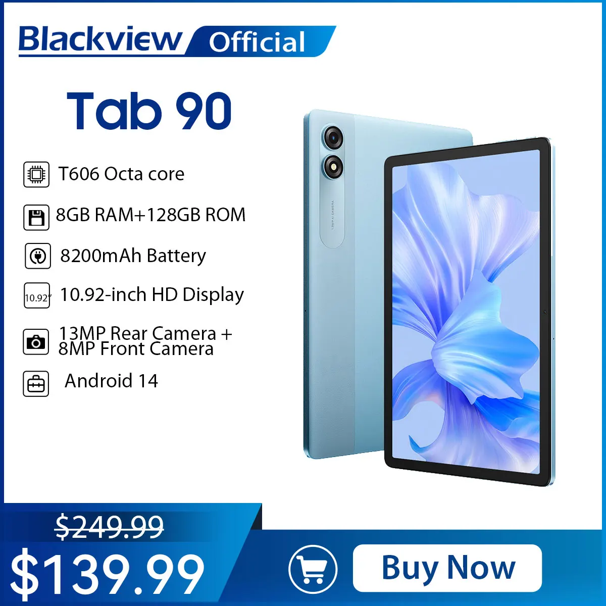 Blackview Tab 90 4G タブレット 10.92 インチ HD ディスプレイ Unisoc T606 8GB RAM 128GB ROM、13MP、8200mAh バッテリー Android 14 タブレット PC