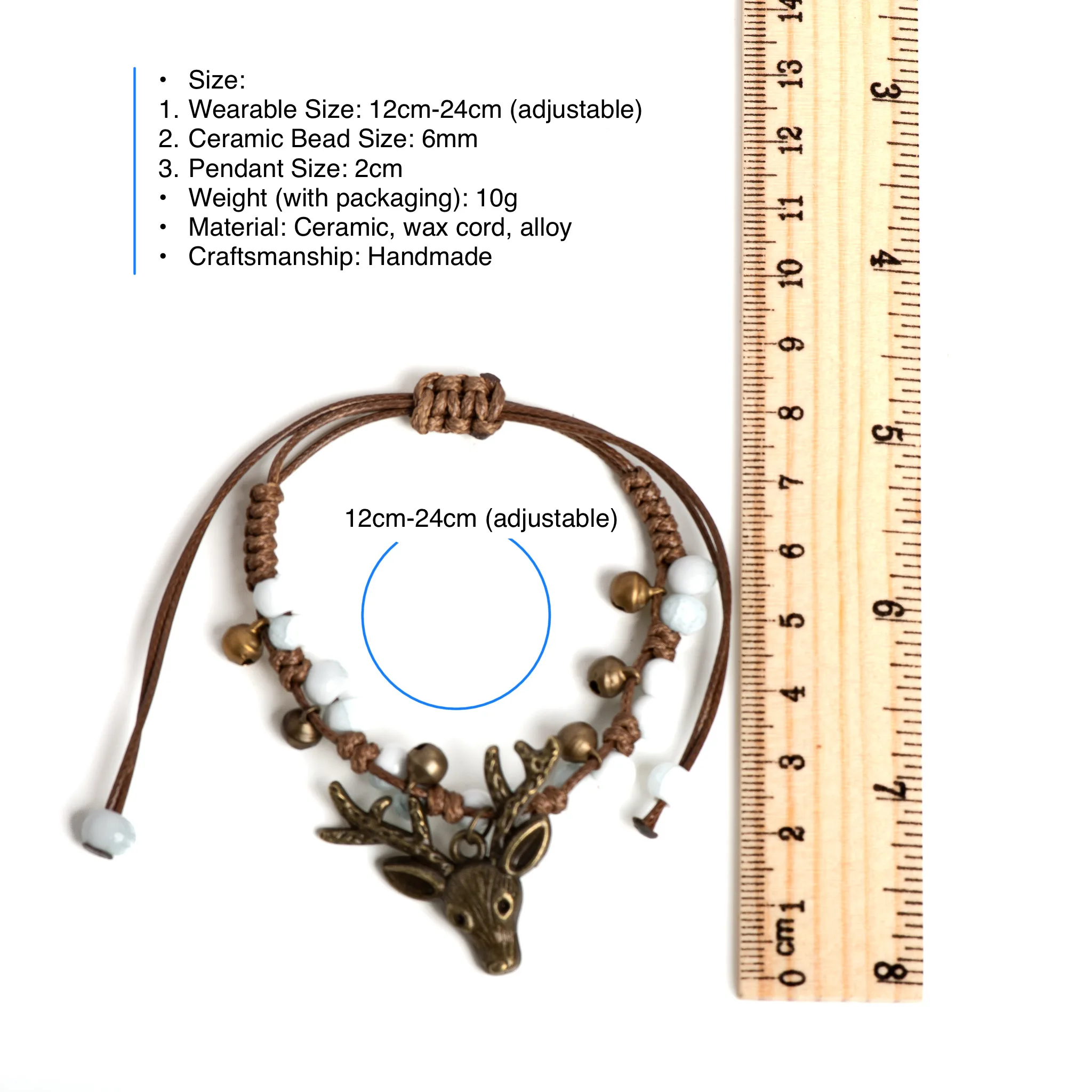 Adjustable Deer Head Ceramic Bracelet Vintage Crackle White Beads Handmade Wax Cord Jewelry pulseras en pareja 168