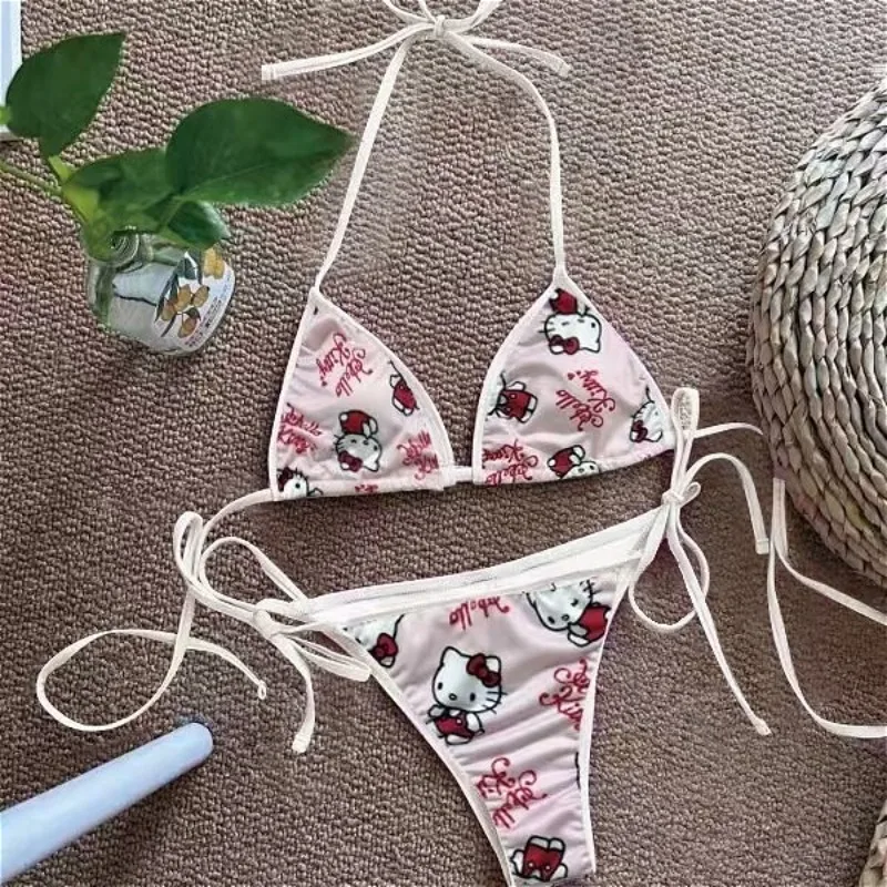 

Kawaii Bikinis Set Women's Sexy Swimsuit Hellokitty Print Adjustable Summer Cute Girls Two-Piece Bikini Underwear Sets Beachwear