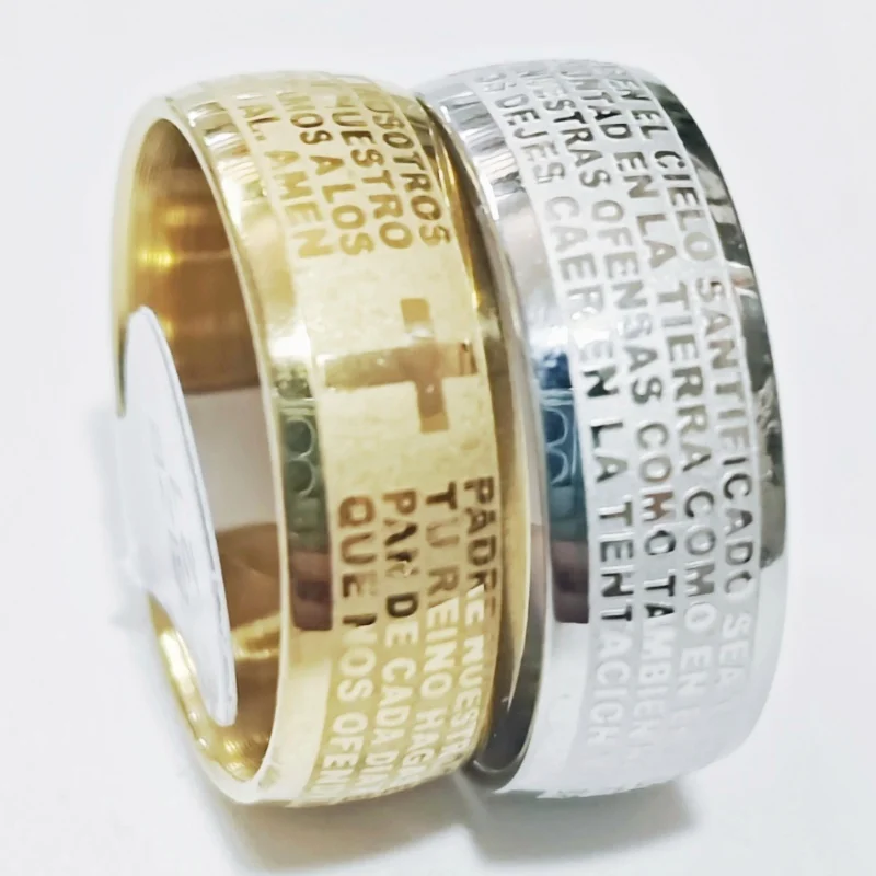 Wholesale 36 pcs 8mm Internal and External Arc Corrosion Spanish Cross Scripture Stainless steel ring Fashion Jewelry