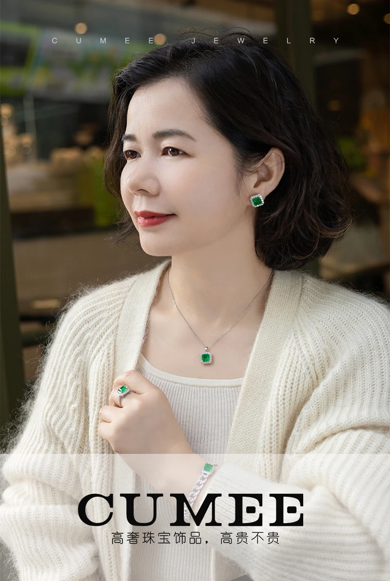 CUMEE Classic Small Carat Square Cultivation Emerald Necklace for Women 925 Silver Gold-plated