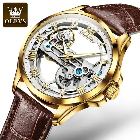 OLEVS, relojes de lujo para Hombre, Reloj de pulsera mecánico automático, diseño de esqueleto, correa de cuero resistente al agua, Reloj para Hombre