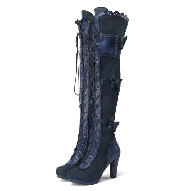 2025 Big Size 43 Women's Black Goth Over knee Boots Lace Up Retro Gothic Black High Heels Boots Vampire witch Cosplay Shoes Bow