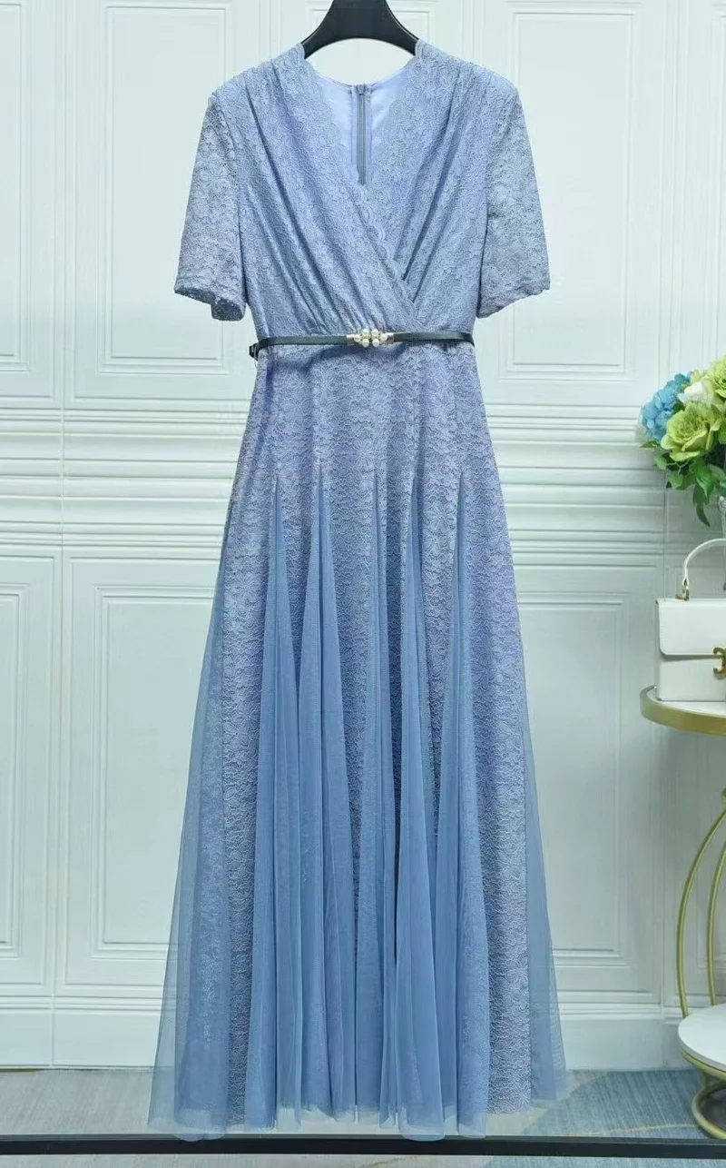 

Top Quality New Lace Long Dress 2023 Summer Evening Lady V-Neck Sexy Tulle Mesh Patchwork Short Sleeve Blue Purple Maxi Dress