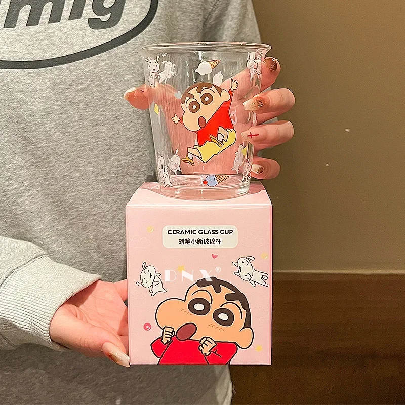 Kawaii Crayon Shinchan Glass Cartoon Anime Girl Cute Home Water Cup Coffee Milk Cup 330ml Large Capacity Gift Box