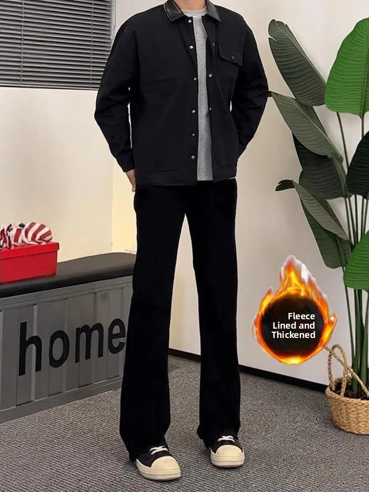 

Bla Fce Lined Waed Straight Leg Jeans Men's American High Street Slimming Bootcut Denim Pants Autumn Winter Faion