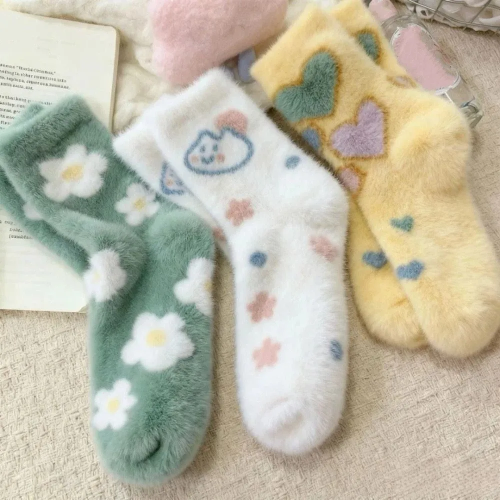 

5Pairs Kawaii Cartoon Mink Fur Socks Sweet Pile Up Sleeping Socks Women Soft Hosiery Plush Socks Girls