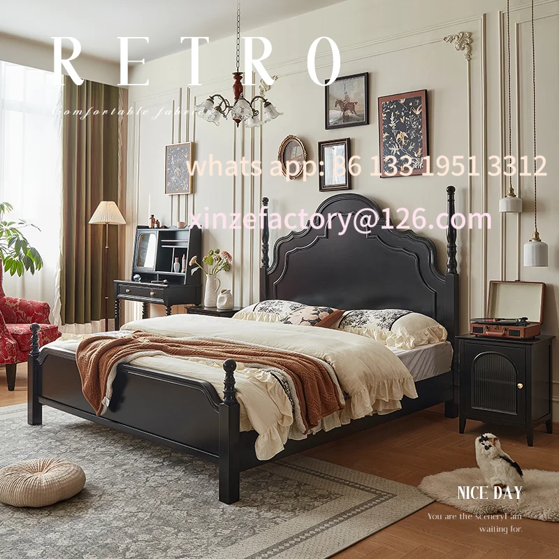 سرير من الخشب الصلب، سرير مزدوج أسود عالي الجودة، سرير فرنسي قديم، بسيط، طراز القرون الوسطى، كبير #5