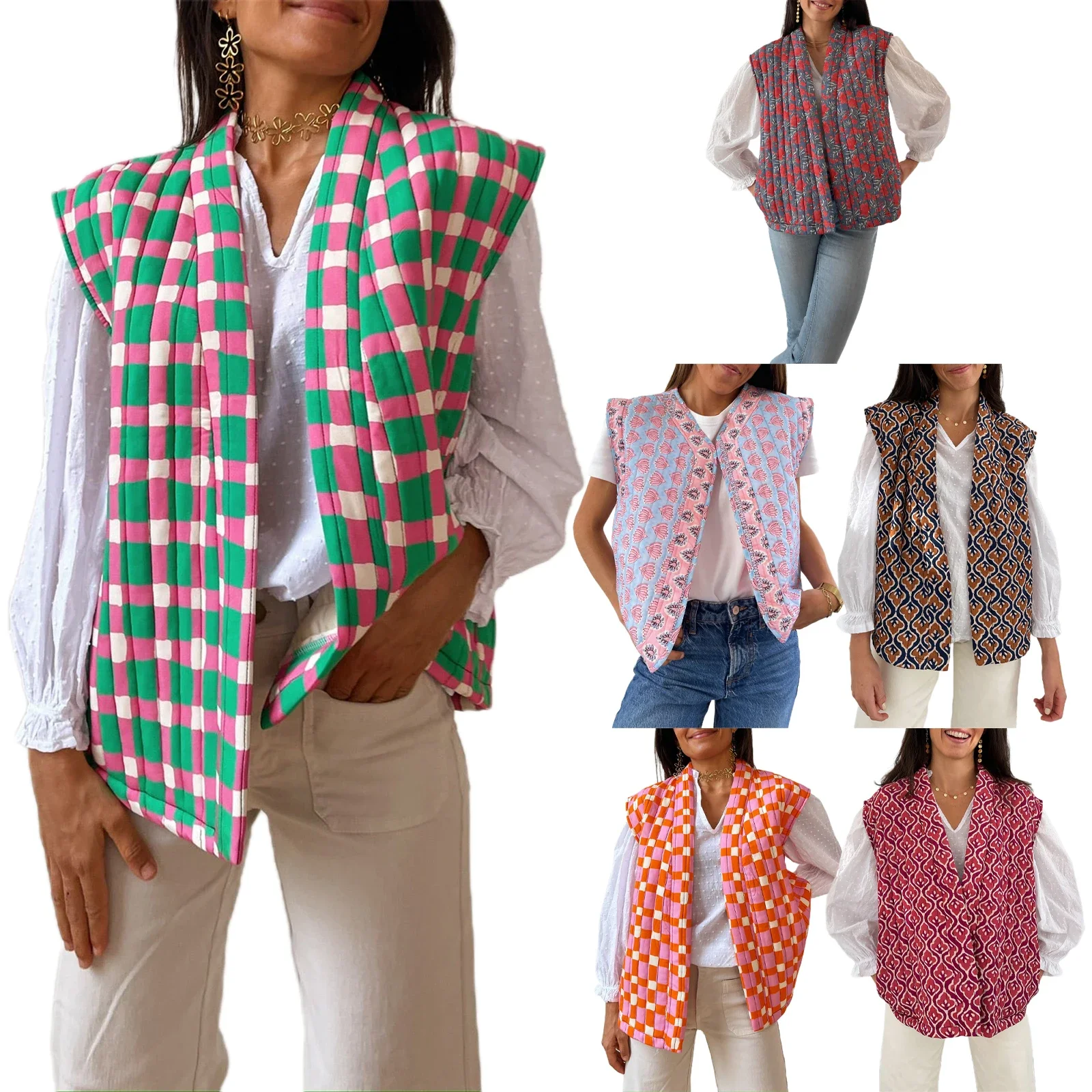 Женский теплый пуховик с модным принтом, кардиган без рукавов с открытой передней частью, стеганое пальто, осенняя верхняя одежда