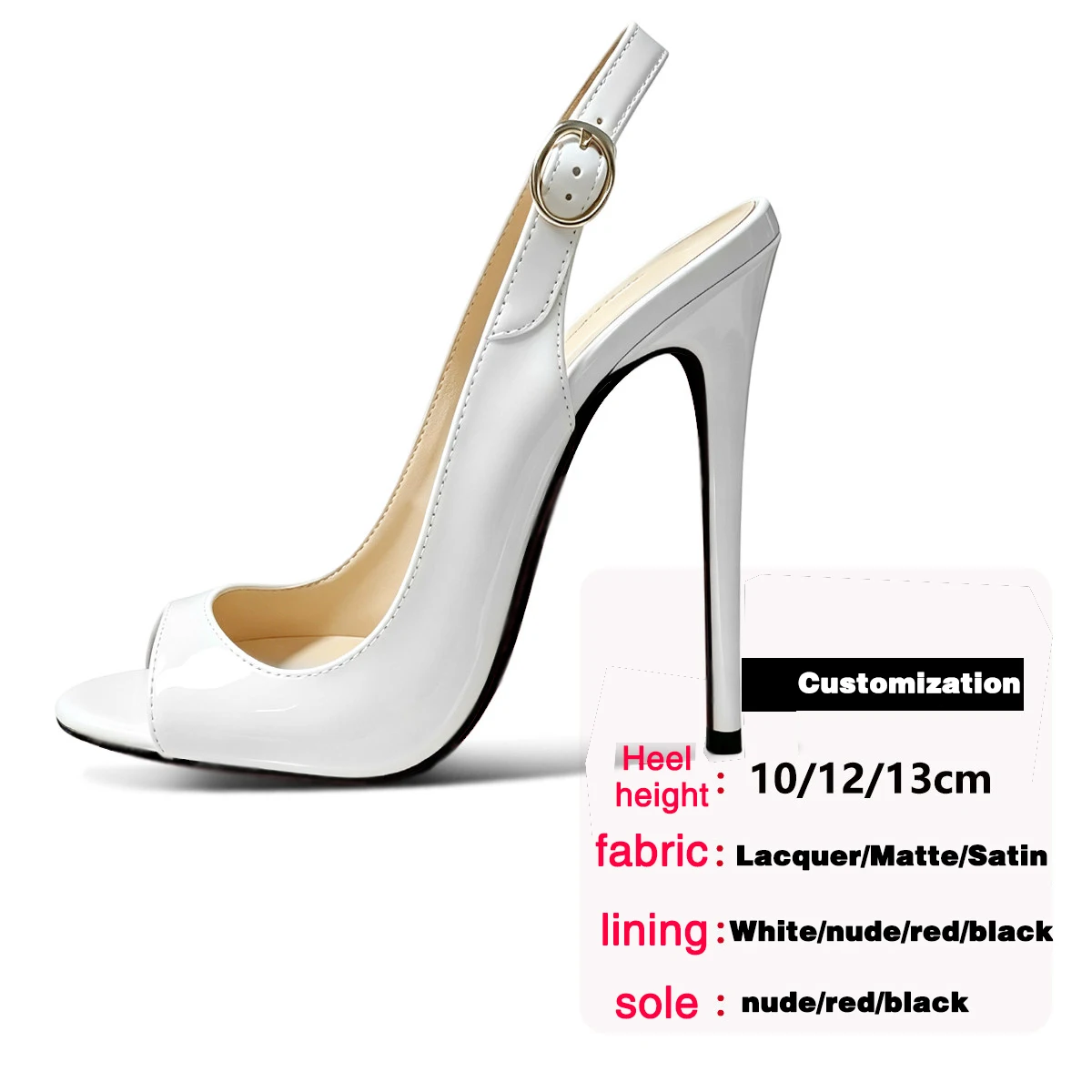 White Custom Peep-Toe Mule Sandals for Women, Shallow Cut, Plus Size, 13cm Ultra-High Heels