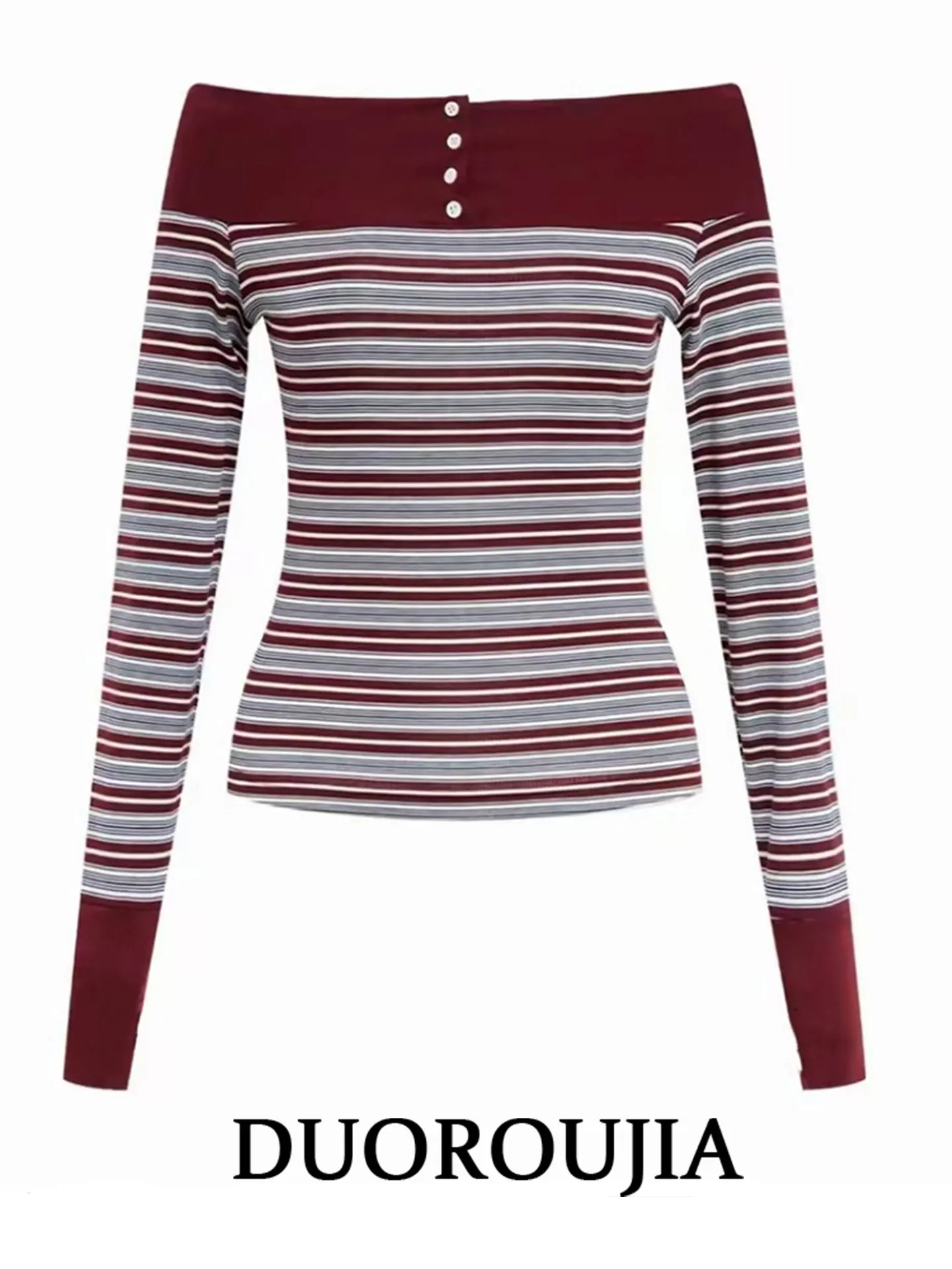 

Slim Fit Long Sleeve T-Shirt Women plus Size Button Striped Base Shirt Top DUOR Vintage Style High Waist Double Zipper Breath...