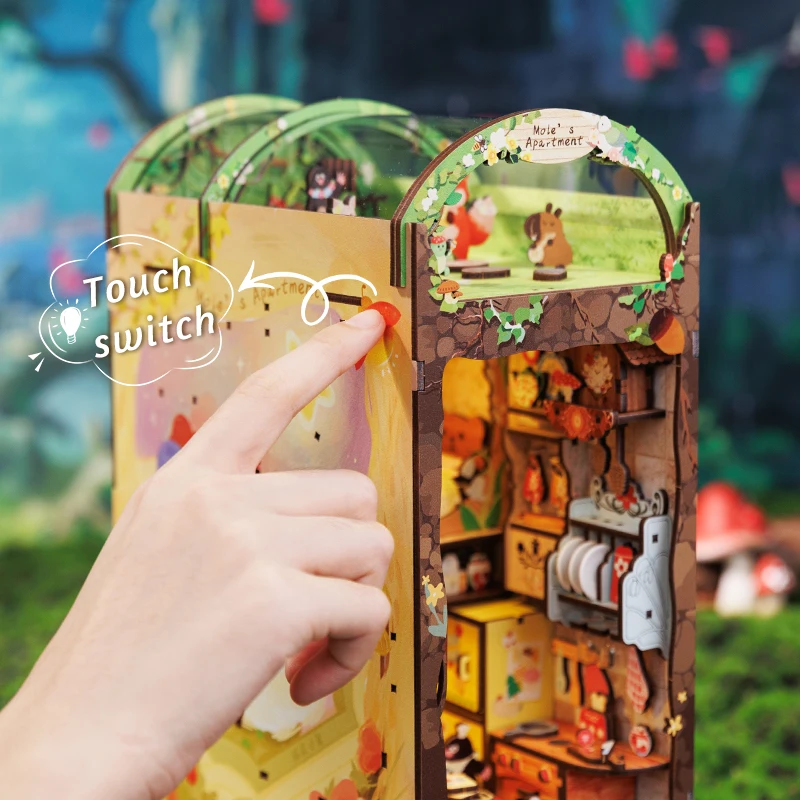 Cutebee Book Nook Kit 3D Wooden Puzzle Bookshelf Roombox Toy Mole's Apartment Miniature with Dustproof Cover LED Light Booknook