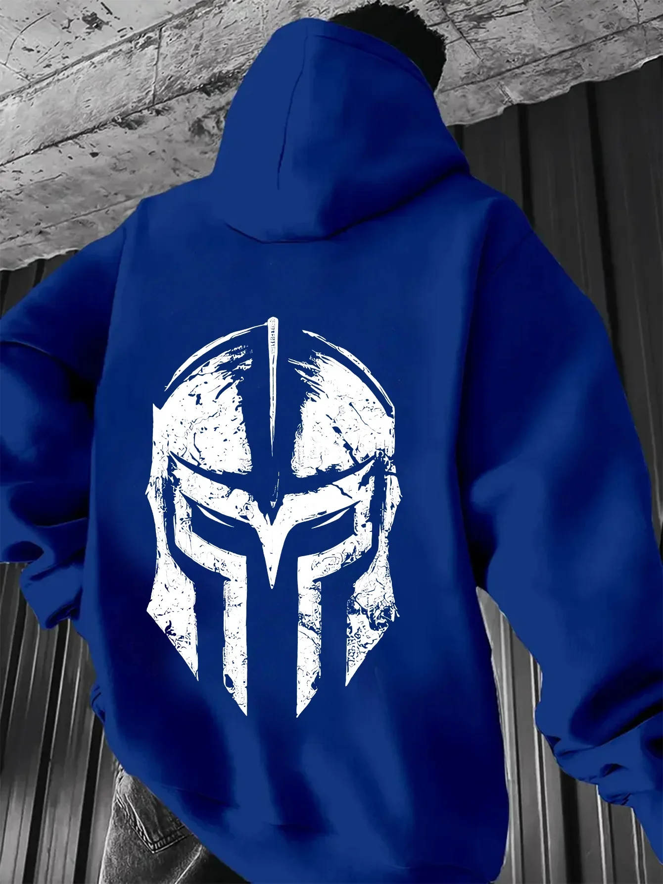 Men’s Spartan Warrior Hoodie Vintage Helmet Graphic Distressed Back Print Fleece Sweatshirt Biker Streetwear Autumn Winter