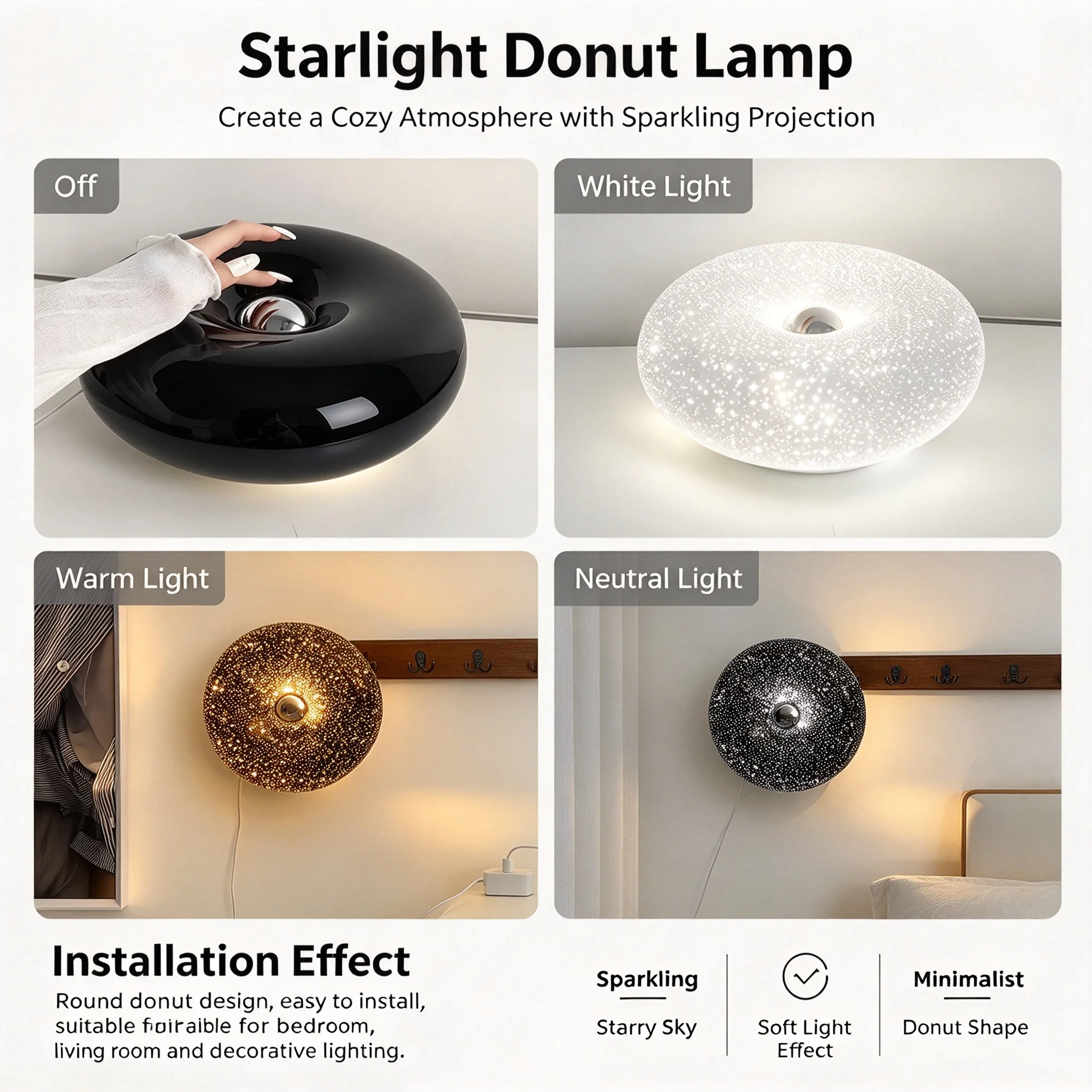 Decorative Ambience Table Lamp, Black Starry Sky Donut Shaped Night Light