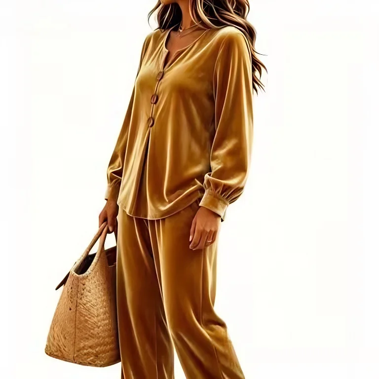 Damen-Outfit, bestehend aus zwei Teilen: Oberteil mit V-Ausschnitt und Knopfverzierung, lange, ausgestellte Ärmel, weite Hose, lässiger Herbst-/Winter-Look, passendes Set mit Taschen. – Detail 8