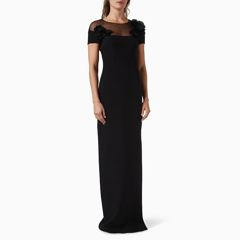 

Black O- Neck Evening Dresses Customized Exquisite Flower Party Dress Side Leg Fork Straight Floor Lenght Formal Prom Gowns