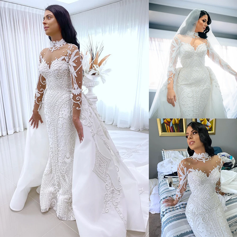 Luxury Beaded Mermaid Wedding Dresses Pearl Full Sleeve Applique Bridal Gowns Custom Made Plus Size Sweep Floor Formal Dress