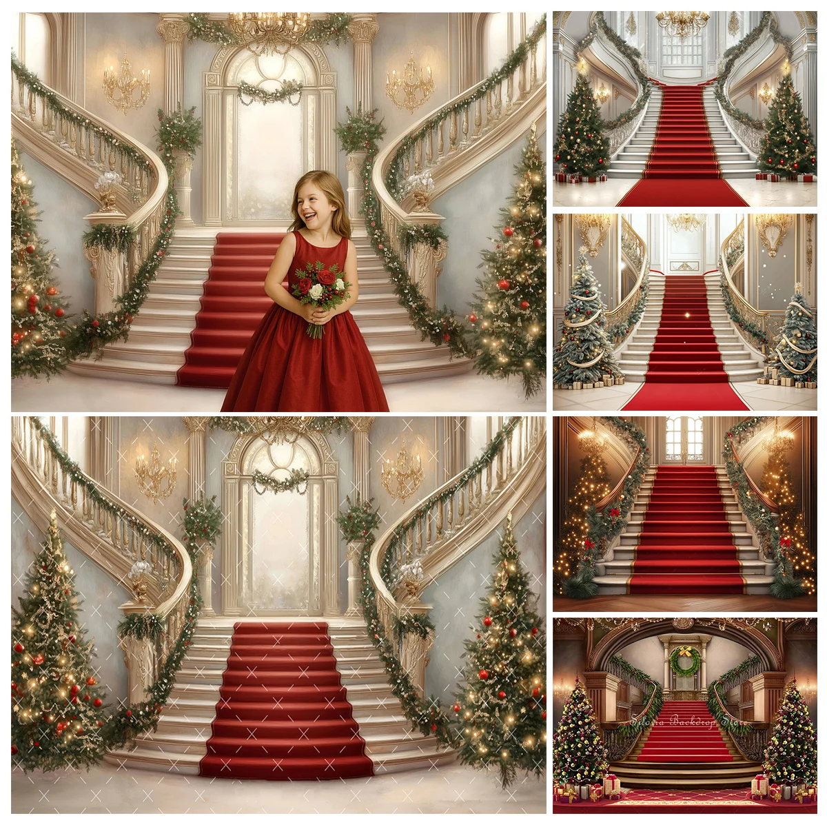 

Christmas Stairs Red Carpet Photography Backdrop Adult Kids Backgrounds Xmas Trees Chandelier Photocall Photo Studio Props