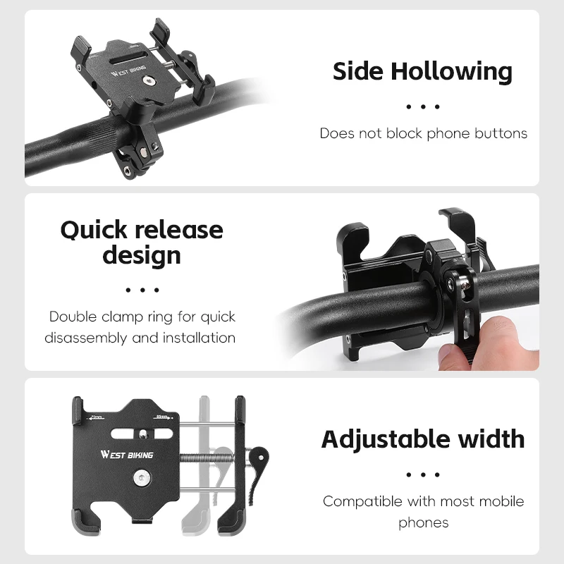 WEST BIKING Ondersteuning voor mobiele telefoons Dubbele snelsluiting Aluminium fietstelefoon Stuurpenhouder Fietsen Elektrische scooter Telefoonhouder