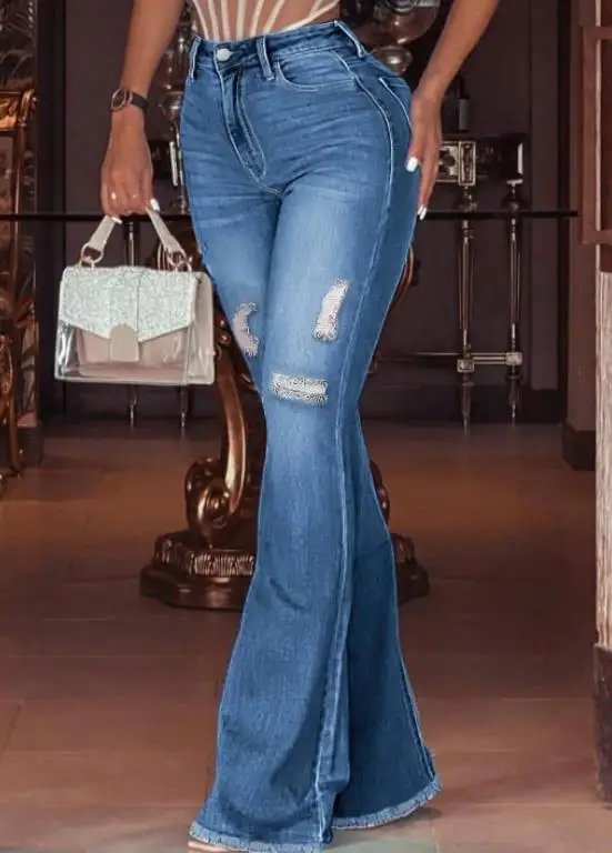 بنطال جينز نسائي متوسط الخصر بقصة ضيقة ومطاط بتصميم عتيق لمجموعة الخريف والشتاء الجديدة