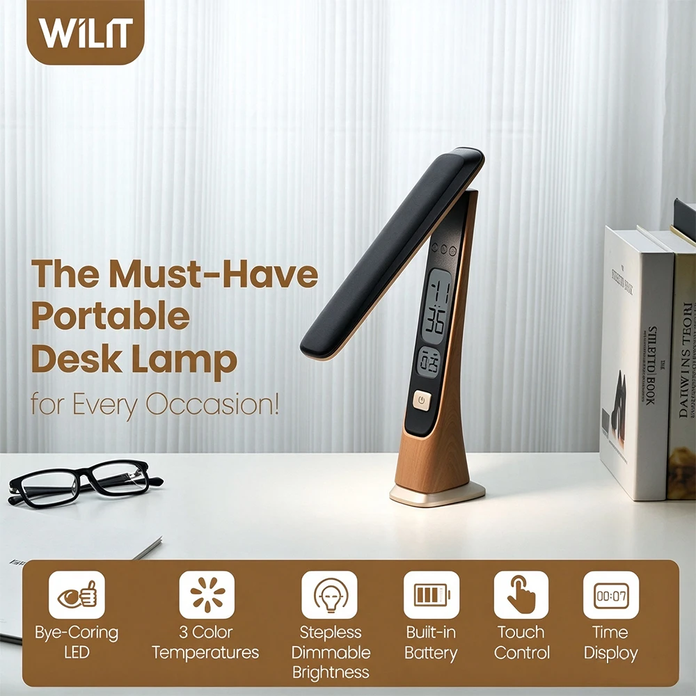 WILIT Foldable LED Bedside Lamp with Digital Clock USB Rechargeable Eye Protection Reading Lamp 3Light Modes Gift for Study Home