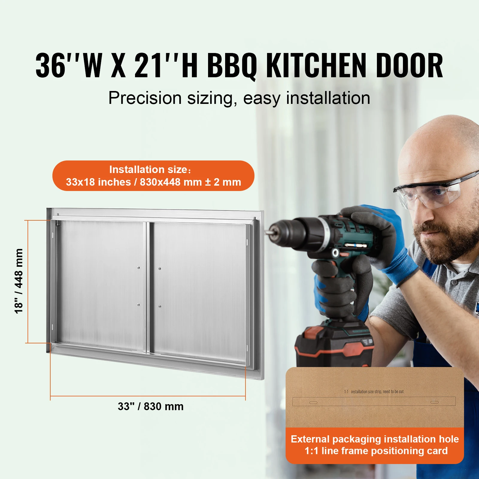 BBQ Access Door, 36W x 21H Inch Double Outdoor Kitchen Door, Stainless Steel Flush Mount Door, Wall Vertical Door with Handles, Grilling Station, Outside Cabinet, Designed for BBQ Island