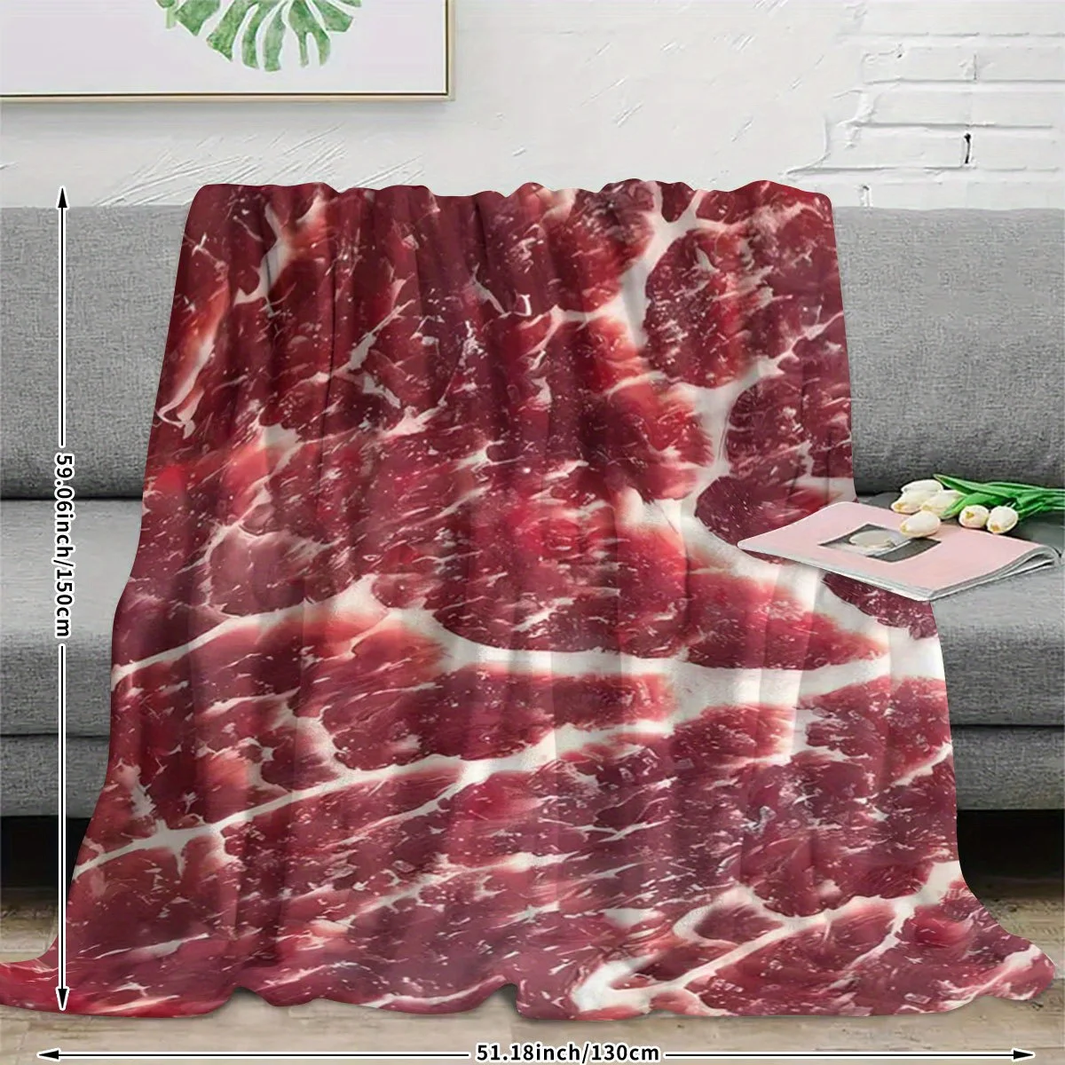Creative Marbled Raw Meat Simulation Pattern Flannel Blanket Cozy Plush Bedspread Portable Travel Blanket for Bedroom