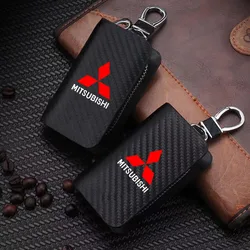Car Key Protector Bag Carbon Fiber Key Holder Keyring Wallet Zipper for Mitsubishi Lancer ASX Outlander Pajero Evolution Car