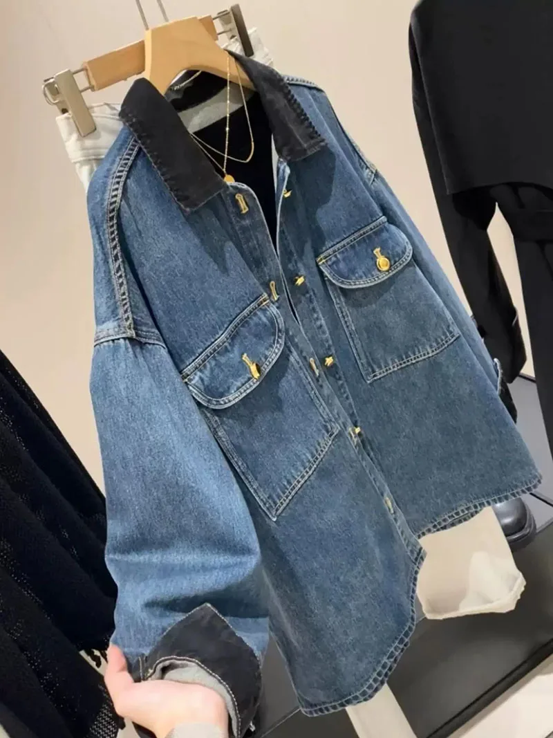 Women's Denim Jacket Vintage Washed Contrast Collar Coat With Flap Pockets Autumn New Single Breasted Loose Outerwear