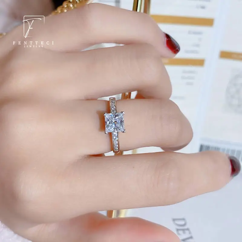 FENTTECI S925 Sterling Silver Gold Plated Moissanite Ring Princess Square Cut Proposal Engagement Wedding Ring for Women Jewelry