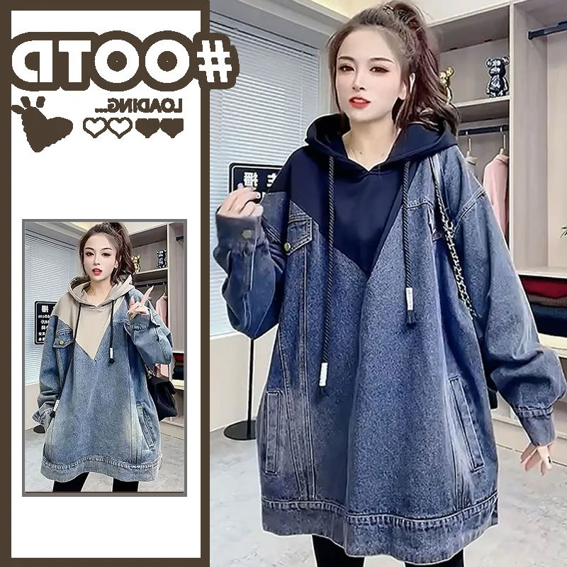 

plus Size Women's Denim Hoodie Sweatirt Loose Casual Long Sve Autumn Winter Faion Comfortable Breathable Button Detail