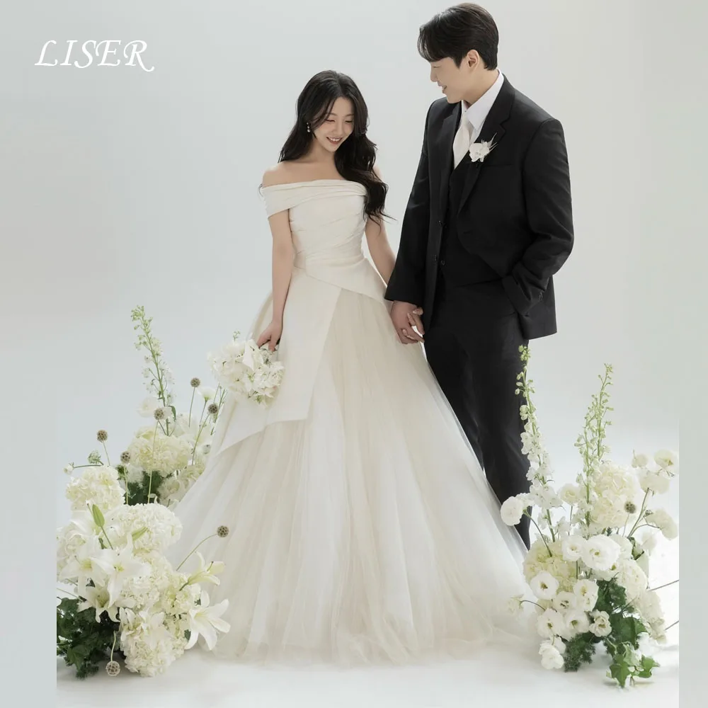 

Liser One Shoulder A-Line Off The Shoulder Korea Wedding Dresses Silk Satin Tulle Customized Photo Shoot Elegant Bridal Gowns