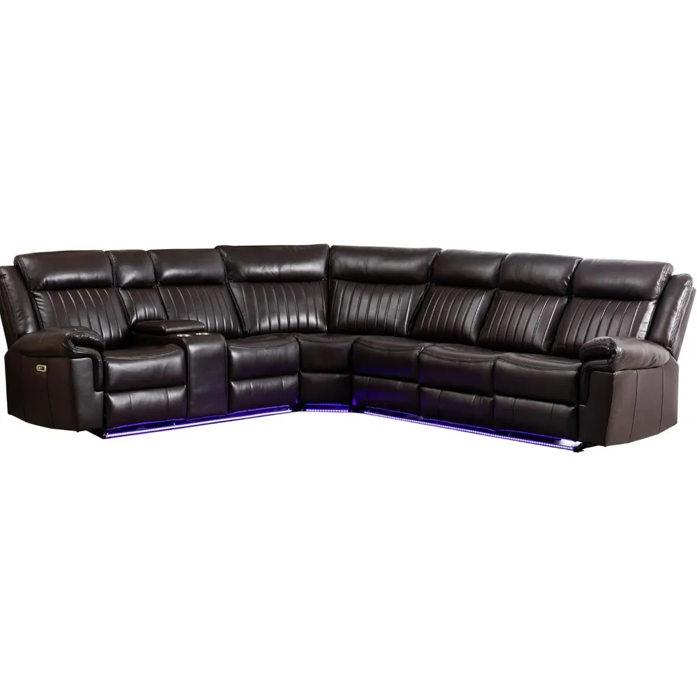 Power Reclining Sectional Sofa Multi-Functional 6 Seater Sectional Sofa L-Shaped PU Leather L-Shaped Sofa LED Lights Stereo