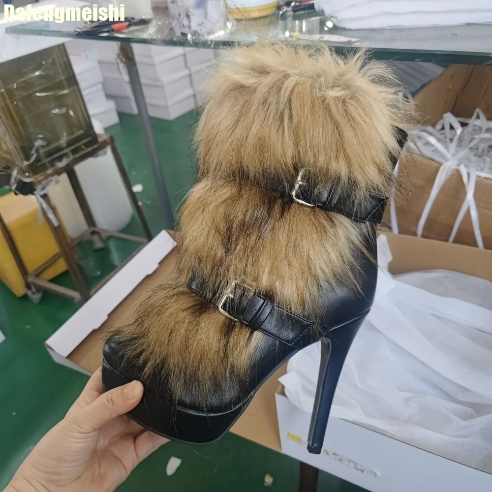 

2025 Winter Fur Warm Fashion Boots Round Toe Platform High Heel Thin Heels Catwalk Ankle Boots Ankle Strap Black Boots