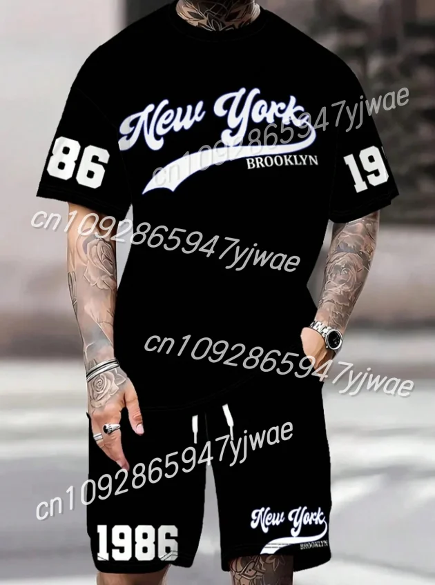 

Men's Brooklyn Print Short Sleeve T-Shirt & Shorts Set Round Neck Gradient Short Sleeved Women's T-shirt Shorts Set