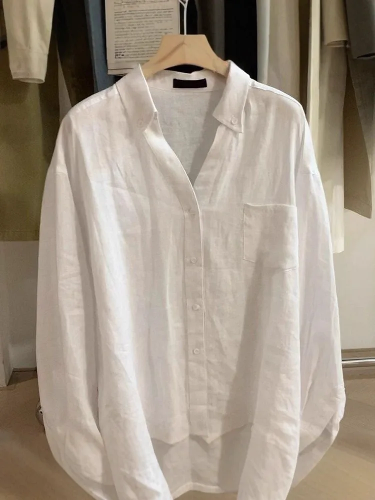 

Women Solid White Turn Down Collar Shirt Left Chest Patch Pocket Long Sleeve Fit Open Front Layering Daily Commute Blouse ﻿