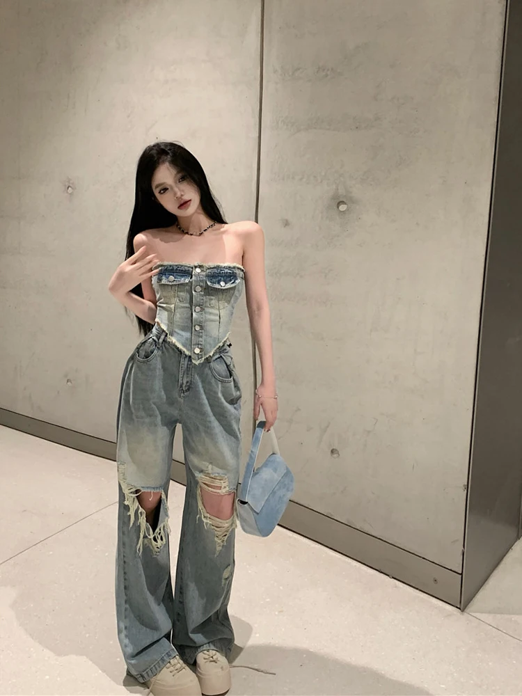 

Ретро-комплект из двух предметов: укороченный топ-бюстье и джинсы с дырками, весна 2026, новая модная коллекция, женский трендовый комплект с высокой талией, длинные брюки