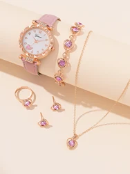 6PCS Alloy Lace alloy diamond set leather Whale leather Women's quartz watch with pink diamond necklace bracelet Ring set