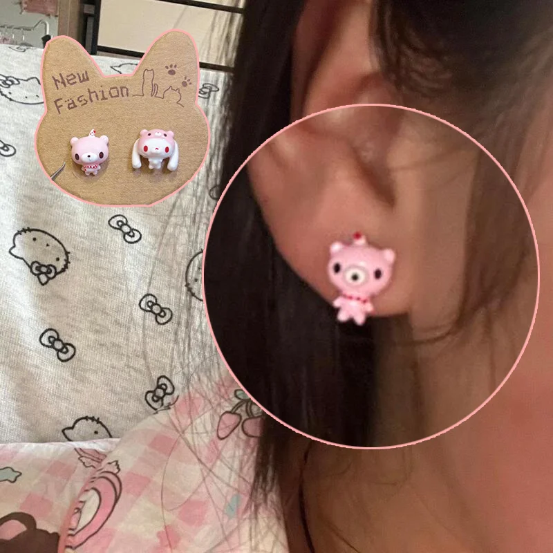 Gloomy Bear Asymmetric Earrings Cute Rabbit Bear Design Sweet Style Minimalist Unique Piercing Suitable for Students and Girls