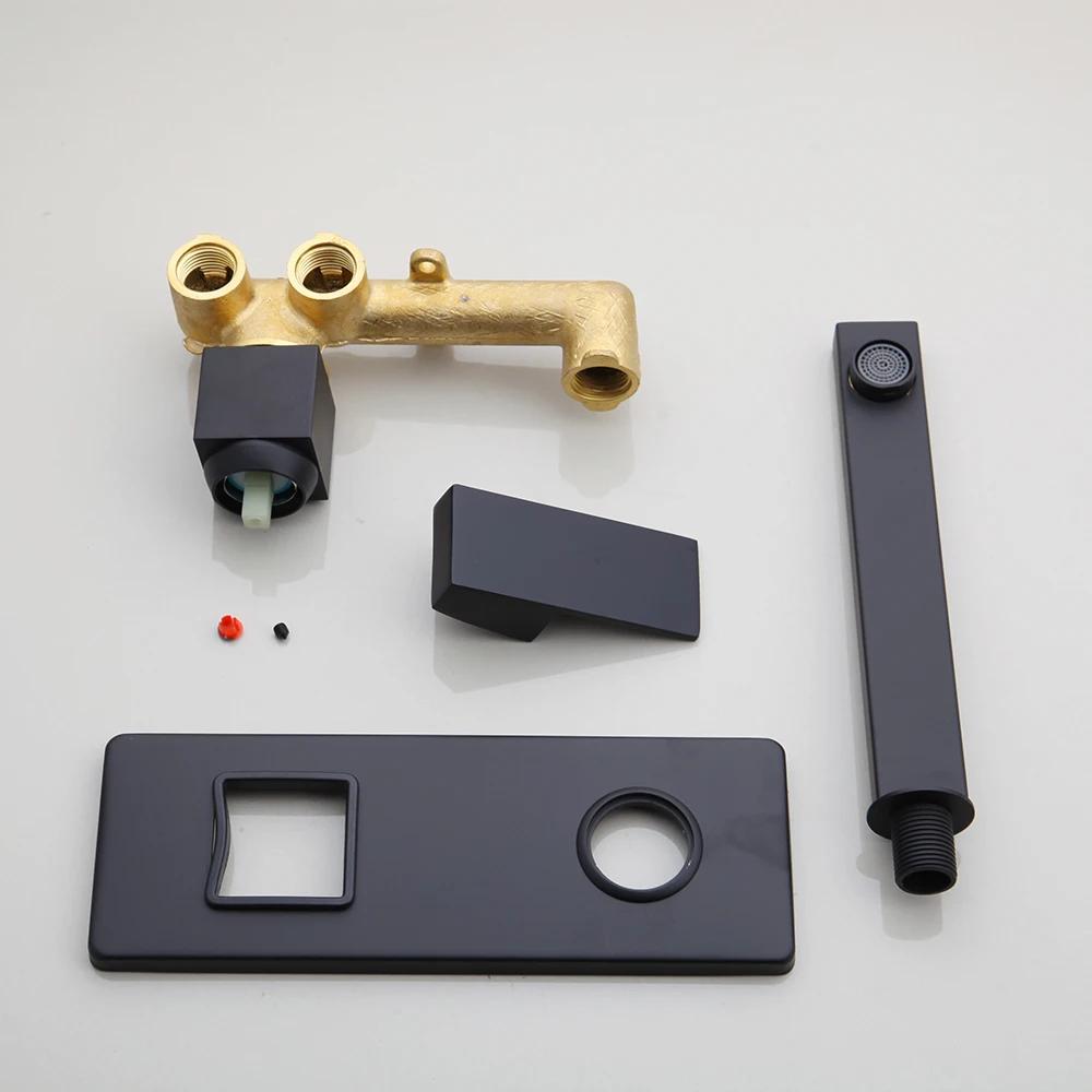 KEMAIDI Matt Black Bathroom Faucet Wall Mounted Hot& Cold Water Mixer Brass Basin Faucets Tap Concealed Single Lever Crane RU